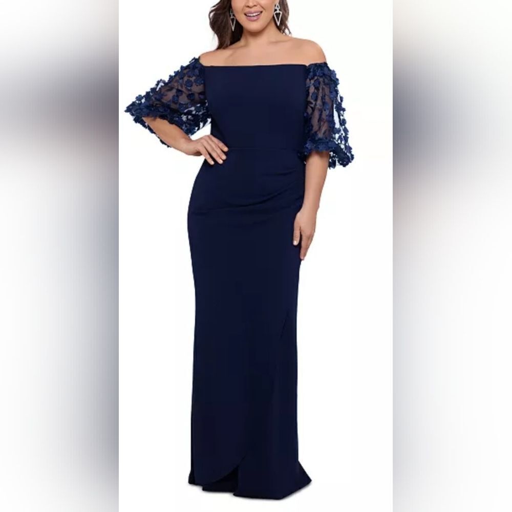 XSCAPE Plus Size Off-The-Shoulder Embellished-Sleeve Gown NWT sz 16 Blue